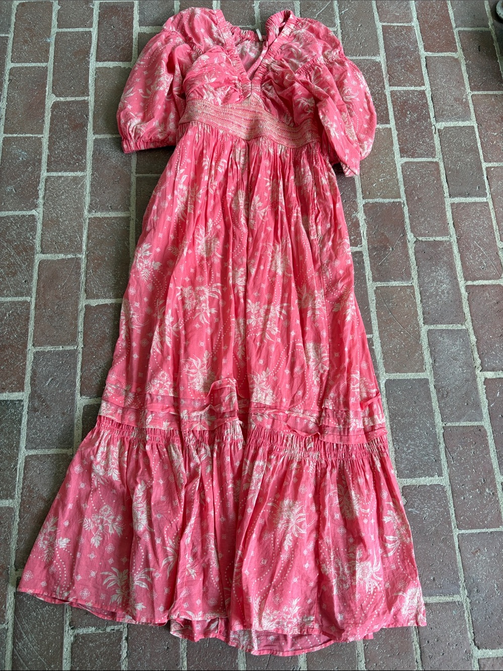 Free People Coral-Pink Floral Maxi Dress with Puff Sleeves - Picture 2 of 15